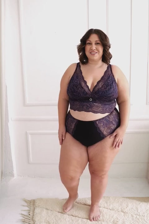Plus size women turning 360 in blue and pink longline bra. #color_iris